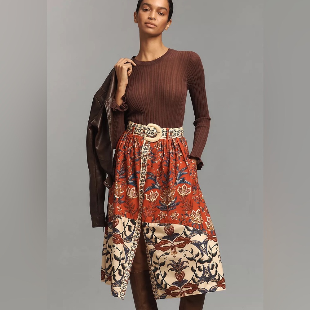 NEW Farm Rio Winter Breeze Button-Front A-Line Midi Skirt, Small